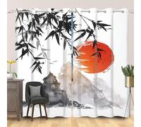 Rideaux japonais avec motif de bambous et du mont Fuji en encre - occultants, 2 panneaux, 107 x 213 cm