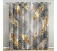 Rideaux Occultants 140x200 cm Lot de 2 à Œillets Plumes Dorées | Rideau Occultant Thermique Isolant, Imprimé Style Glam Noir et Or, Polyester Haute Densité, pour Chambre et Salon