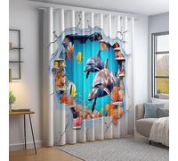 Rideaux Occultants avec Motifs Dauphin Mignon en 3D, Design Bleu, Tenture Isolante Anti-Froid pour Chambre d'enfant et Salon, 110L X 215H cm (2 Panneaux)