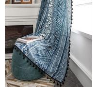 Rideaux occultants en coton et lin de style tribal, 2 panneaux, bleus, 150 x 200 cm, bordure noire