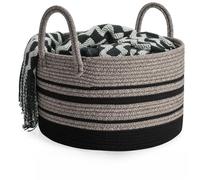 Rieeyrslza Corbeille à Linge en Coton Tissé D40 x H25 CM Panier de Rangement en Corde de Coton 32L Pliage Grande Capacité Corbeilles à Linge Avec Anse Convient à la Décoration Intérieure (Jute+Noir)