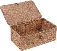Rieten Plankmanden avec couvercle - Boîtes de rangement en jonc de mer - Paniers rectangulaires tissés à la main - pour les étagères de bureau - Organisateur de maison - Café Marron Petit