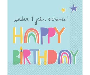 Riethmüller Lot de 16 grandes serviettes en papier « Happy Birthday - wieder 1 an schöner » - 33 x 33 cm - Grandes serviettes en papier avec inscription en allemand pour anniversaire - Décoration de