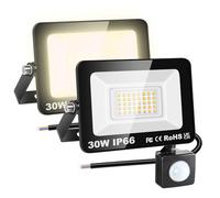 RIGIDON 2x 30W projecteur d'extérieur led avec detecteur de mouvement, PIR | sans prise, 3000lm, 3000K blanche chaud, étanche IP66, éclairage de sécurité extérieur, pour patio garage terrasse jardin