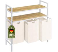 Rigil, collecteur de linge avec 3 compartiments – Panier à linge avec 2 étagères en bambou – 3 boîtes à linge de 40 litres de couleur blanche – Trieur à linge en métal – Sacs à linge amovibles et extr