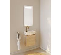 RIHO Spring Marble Tiny Wash-Set, lavabo avec meuble sous lavabo, 1 porte, 1 trou pour robinetterie à droite, 40x20x42cm, marbre blanc, F001571D05, Couleur: Décor bois Nature Oak