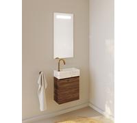 RIHO Spring Marble Tiny Wash-Set, lavabo avec meuble sous lavabo, 1 porte, 1 trou pour robinetterie à droite, 40x20x42cm, marbre blanc, F001571D07, Couleur: Décor bois Tobacco Oak