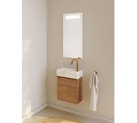 RIHO Spring Marble Tiny Wash-Set, lavabo avec meuble sous lavabo, 1 porte, 1 trou pour robinetterie à gauche, 40x20x42cm, marbre blanc, F001572D06, Couleur: Décor bois Caramel Oak