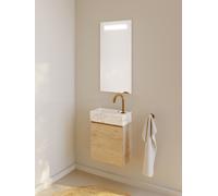 RIHO Spring Marble Tiny Wash-Set, lavabo avec meuble sous lavabo, 1 porte, 1 trou pour robinetterie à gauche, 40x20x42cm, marbre blanc, F001572D05, Couleur: Décor bois Nature Oak