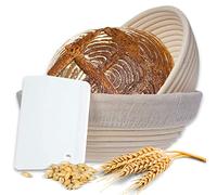 Set de 2 paniers de fermentation ronds avec racloir , 2X paniers de fermentation pour pain et pâte à pain en rotin de 22 et 25cm, moule à pain, insert en lin, bois poncé