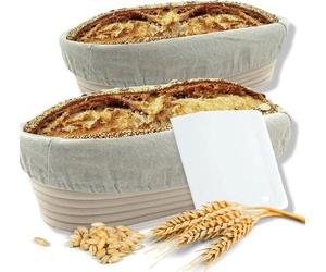 riijk Set de 2 paniers de fermentation ovales avec racloir , 2X paniers de fermentation pour le pain et la pâte à pain Peddigrohr 28 et 35cm, moule à pain Insert en lin Ponçage en bois