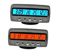 Riloer Thermomètre numérique de voiture - Voltmètre - Moniteur d'horloge - Multifonction - LCD - Thermomètre numérique - Orange + bleu