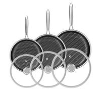RIOVARM Acier inoxydable Set de poêles à frire avec couvercles Induction Antiadhésive Batterie de cuisine 20cm 26cm 30cm Poêle Wok Poêle à omelette Lavable au lave-vaisselle Sans danger pour le four