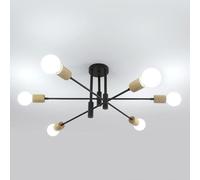 Riserva Plafonnier Industriel Noir, E27 Lustre Plafonnier Bois, 6 Lumières Lustre Sputnik Vintage pour Salon, Cuisine, Salle à Manger, Chambre