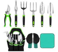 ®RisingFF Ensemble d'outils de jardinage 9 pièces avec sac de rangement, râteau, transplantoir, gants, tapis de plantation