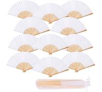 ®RisingFF Lot de 12 éventails de mariage + sac en gaze, éventails pliants en papier bambou pour décoration murale DIY (blanc)