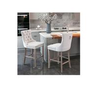 ®RisingFF Tabourets de bar en velours avec revêtement capitonné et pieds en bois avec des rivets chromés lot de deux beige