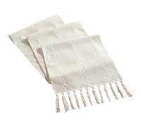 rismart Chemin de Table à Pompons Style Rustique Tisser Rayure Nappe Beige,32 x 200 cm