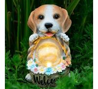 Risveglio Figurine solaire unique en forme de chien avec panier de fleurs et orbe luminescente douce, statue en résine résistante aux intempéries pour décoration de jardin et terrasse