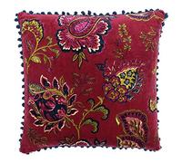 Riva Paoletti Malisa Place Polyester Coussin Rempli Rouge - Paisley Indien Imprimer - Faux Velours Tissu - Bleu Pompon Edges - Lavable Machine - 100 (20" X 20" Pouces), Le Coton, La Grenade, 50 X 50 C