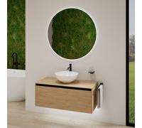 rivea Dia soleado Meuble bas l: 100 cm, 1 tiroir, vasque blanche Ø 42 cm, avec miroir éclairé Kanya,, BR0532WH+BR0107SO+BR2028MI,