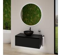 rivea Dia soleado Meuble bas l: 100 cm, 1 tiroir, vasque noire mate Ø 42 cm, avec miroir éclairé Kanya,, BR0532BM+BR0107BM+BR2028MI,