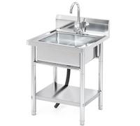 RiveraSink Évier Extérieur Inox Autoportant 50×50×80 cm avec Robinet Eau Chaude et Froide, Évier de Cuisine sur Pied avec Dosseret et Étagère, Lavabo Multifonction pour Garage, Buanderie, Jardin et Re