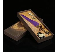 RIZGHWOY Ensemble de Stylos à Plume avec 6 Plumes Naturelles, Stylo D'écriture de Calligraphie Vintage, Kit de Stylo Plume Antique avec Boîte Cadeau D'encre pour (PURPLE)