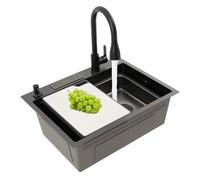 RjcdOPL Évier de Cuisine 1 Bac Inox, Robinet Extractible, Planche à Découper, Organiseur de Couteaux, Bassin Intérieur, 60×45×22 cm, Pour Cuisine Familiale et Professionnelle
