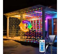 RJEDL 3 EN 1 Rideau lumineux solaire d'extérieur 3 x 3 m, guirlande lumineuse à 300 LED, 8 modes, rideau lumineux solaire étanche IP65 avec télécommande, minuterie et fonctions de mémorisation