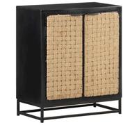 RJPLMFV Buffet 60x35x70 cm Bois de manguier Massif | Meuble industriel salon, 2 portes jute naturelle, base fer stable, rangement spacieux