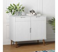 RJPLMFV Buffet MOLDE Blanc 90x40x80 cm Bois Massif de pin | 2 tiroirs, 2 compartiments, vernis UV, rangement pour salon, fixation murale incluse