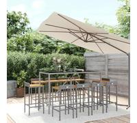 RJPLMFV Ensemble Bar Jardin 11pcs Gris Poly Rotin Bois Acacia | Tabouret avec repose-pied, Table verre trempé, Cadre acier, Résistant intempéries, Usage extérieur