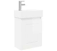 RJPLMFV Meuble Salle De Bain avec Robinet Blanc Brillant 45x22x84 Cm | Porte réversible, Robinet mélangeur argent, Drain poussoir, Bois d'ingénierie, Céramique