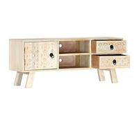 RJPLMFV Meuble TV 110x30x44 cm Bois Massif Manguier | 2 Tiroirs, 1 Porte, 2 Compartiments, Gravure Main, Armoire Latérale, Rangement Multimédia