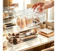 Rkixlix Lot de 2 Boîtes de Rangement Maquillage Transparentes | Coffret à couvercle rabattable, organisateur empilable pour pinceaux et houppettes, pour coiffeuse, salle de bain