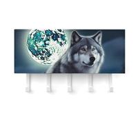 RLDOBOFE Wolf Under Moon Porte-clés mural adhésif avec 5 crochets, sans perçage, pour salon, porte d'entrée, couloir, bureau