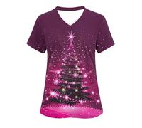 RLEHJN Blouse Medicale Femme Manche Courte T-Shirt De Noel Femmes À Col En V Blouse Infirmière Avec Imprimé Sapin De Noel Tenue Aide Soignante Professionnelle Tunique Femme Grande Taille