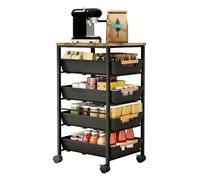 RMNKTHC Chariot de cuisine avec 5 niveaux et 4 tiroirs, roulettes à 360° avec 2 freins, plateau en bois et paniers ventilés, pour ranger fruits, légumes, micro-ondes dans la cuisine et le salon (32 x