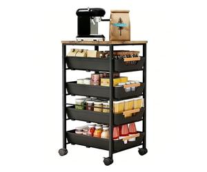 RMNKTHC Chariot de cuisine avec 5 niveaux et 4 tiroirs, roulettes à 360° avec 2 freins, plateau en bois et paniers ventilés, pour ranger fruits, légumes, micro-ondes dans la cuisine et le salon (32 x