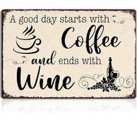 RNUMLIGH A Day Starts with Coffee and Ends with Wine Vintage Metal Sign Kitchen Wall Decor Home Cafe Area Station Funny Rustic Tin 8 X 12 in