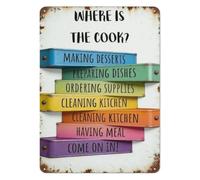 RNUMLIGH Classic Metal Tin Sign Where Is The Cook Kitchen Status Fun Cooking Baking Wall Decor Vintage Humor Plaque for Home Cafe Catering 8 X 12 inch