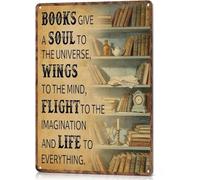 RNUMLIGH Vintage Book Nook Inspirational Metal Sign Books Give A Soul To The Universe Home Library Affirmation Wall-Art Decor Tin 8 X 12 in