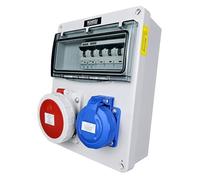 RoadEu Coffret de distribution IP65 CEE 16A 5P 400V & prise 230V 2P+T, boîtier mural avec disjoncteurs C16A 4P + C16A 2P, prises à couvercle vissé