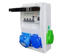 RoadEU Coffret mural Power-Hybrid 230V | Prise E-Bike (verte) + 2x Prises 230V & Prise CEE 16A 3P | IP44 avec disjoncteur différentiel