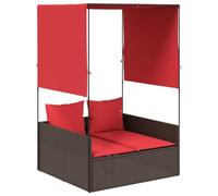 Roanoer Chaise longue double avec toit rideaux lit de jardin en polyrotin marron | Île de couchage deux personnes avec coussins rouges et kit de rideaux pour jardin, terrasse et balcon.