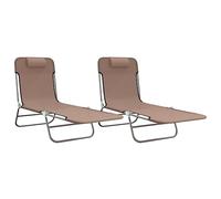 Roanoer Lot de 2 chaises longues pliables en textilène marron | Chaise longue de jardin réglable avec rembourrage pour terrasse, balcon et jardin. Pliable avec poignée de transport.