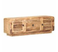 Roanoer Meuble TV bas en bois de manguier massif 120 x 30 x 40 cm | Meuble TV rustique en bois véritable pour salon et chambre à coucher avec 2 compartiments ouverts et 1 tiroir
