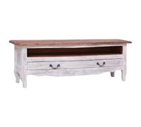 Roanoer Meuble TV bas en bois massif blanc 120 x 30 x 40 cm | Meuble TV rustique en bois vieilli avec tiroir et compartiment pour le salon. Pièce unique au design vintage déjà monté.