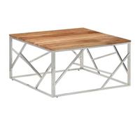 Roanoer Table basse en acier inoxydable et bois massif d'acacia 80 x 80 cm | Élégante table d'appoint avec plateau carré en bois véritable et structure argentée pour salon, salon ou chambre d'amis.